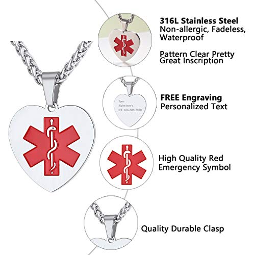 Supcare Heart Pendant Necklace Customized Engraved Medical Alert ID Tag Necklace Jewelry, Personalized Engraving Stainless Steel Medical Emergency Identification Jewelry for Women/Men/Kids