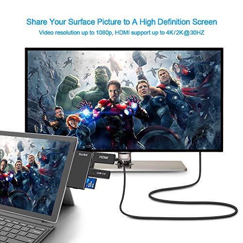 Opluz Video Converter & USB 3.0 Card Reader & USB 3.0 Hub Combo for Microsoft Surface Pro 5/Pro 6(12.3''), Support HDMI 1.4 Resolution up to 4K/2K@30Hz with 2 USB3.0 Hub and SD/Micro SD Card Reader