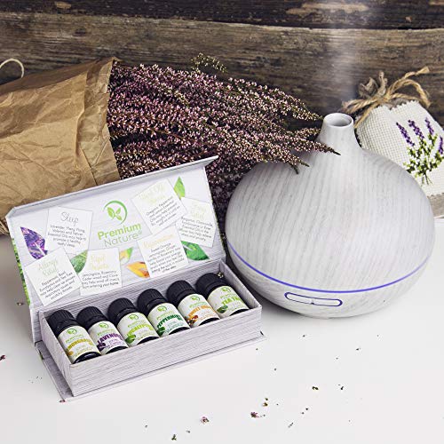 Premium Nature Diffuser & Essential Oils Gift Set Sets Idea Aroma Humidifier Tank & Top 6 Essential Oil Bottles, Auto Shut-Off & 7 Color LED Lights Aromatherapy Improved Sleeping and Breathing