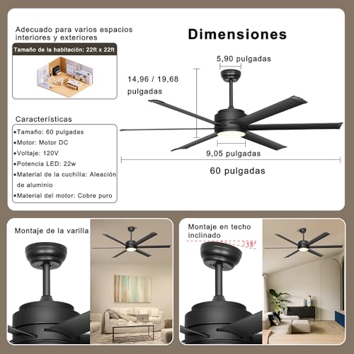 Ohniyou Ventilador de Techo con Luz, Ventilador de Techo Industrial de 60 Pulgadas con Control Remoto y APP, Regulable, Motor de CC, Ventilador de Techo Grande para Patio Sala de Estar, Negro