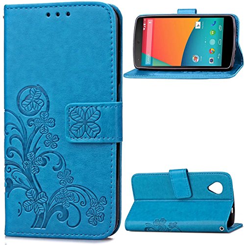 Nexus 5 Case,Gift_Source [Card Slot] [Kickstand Feature] Premium Vintage Emboss Flower PU Leather Wallet Case Folio Flip Case with Wrist Strap for LG Google Nexus 5 [Blue]