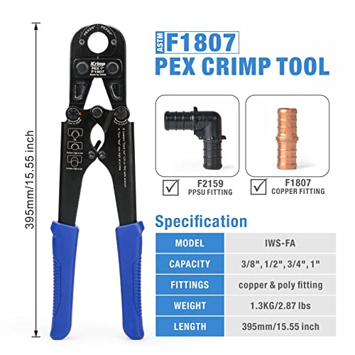 IWISS F1807 PEX Crimper, Copper Pipe Crimping Tool Kit with 3/8'', 1/2