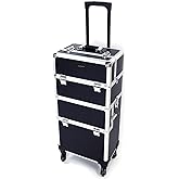 mefeir 3 in 1 Rolling Makeup Train Case, Aluminum Makeup Travel Organizer Cosmetic Case, Cosmetology Display Suitcase on Wheels, Beauty Storage Luggage Lockable w/4 Removable Wheels, Black