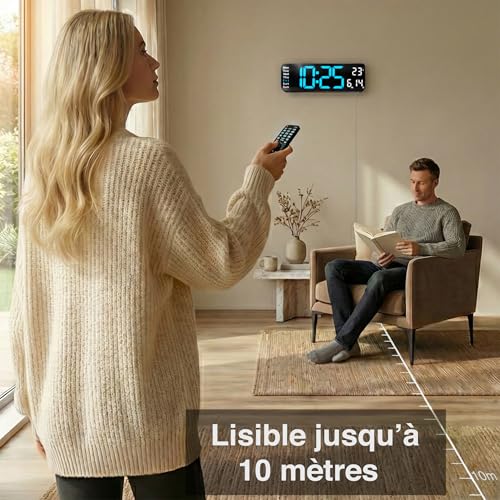 Opis Technology Digital Wall Clock - Large Display, LED Digits - Silent - Clock 1XL Blue/White
