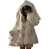 Lunoakvo Women Cute Bunny Ears Fuzzy Fluffy Bow Rabbit Hoodie Long Sleeve Sweatshirt Jacket Coats