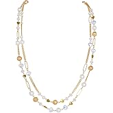Bocar Beaded Necklace, 2 Layer Long Link Chain Necklace Crystal Beads for Women, Choker Jewelry Gift