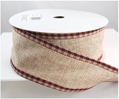 Finitude Natural- Poly Burlap with Burgundy Edging Wired Christmas Ribbon 2 1/2" or #40 - 25 Yards