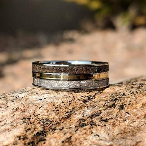The Jewelry SourceMeteorite Ring with 14k Gold and Dinosaur Fossil Inlay, Custom Made Meteorite Wedding Band