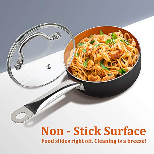 SHINEURI 2.5 Quart Nonstick Ceramic Copper Saucepan, Mini Sauce Pan with Lid & Stainless Steel Handle - Cooking for Soup, Stew, Sauce & Reheat Food, Compatible for Induction, Gas, Electric & Stovetops