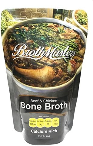 BrothMasters Bone Broth – 15 Pack (16 ounces each) Calcium Rich. Grass Fed Beef Bones, Pasture Raised Chicken Bones and Organic Vegetables. 300 Milligrams Calcium 14 grams of Protein