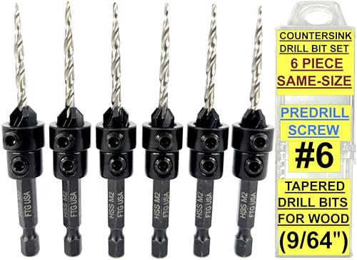 FTG USA 6 Pc #6 (9/64") Countersink Drill Bit Set with Tapered