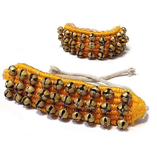 Shah Crafts Dancing Ghungroo Bells (30+30) Bells Tied with Yellow Velvet Pad For Bharatnatyam Classical Kathak Dancers Musical Instrument Anklet Pair