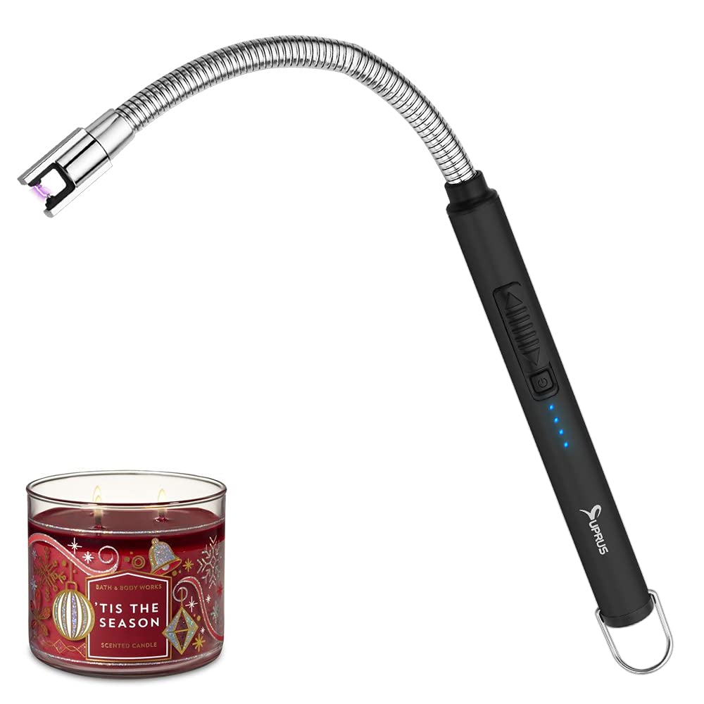 SUPRUS Candle Rechargeable Electric Arc Lighter Stainless Steel Housing & Hanging Hook with 360° Flexible Neck (Black)