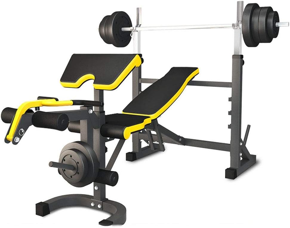 MxZas Multifunctional Weight Bench Household Folding Bench Press Squat Rack Barbell Set Adjustable Benches (Color : Yellow, Size : 212x96x128cm)