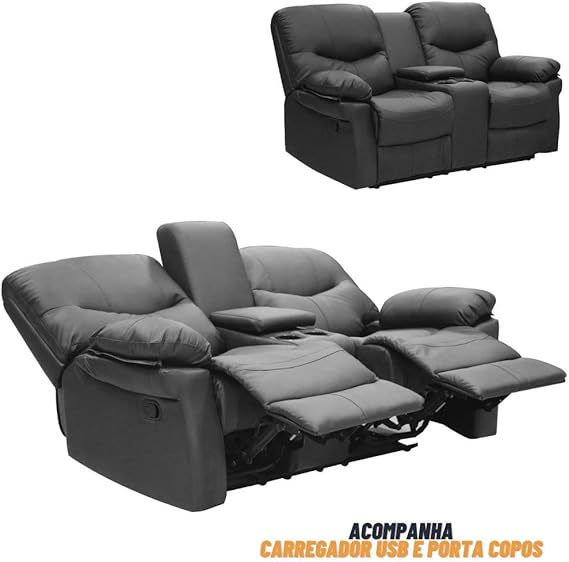 Sofá Cinema Reclinável 2 lugares com Porta Copo Em Couro Ecológico