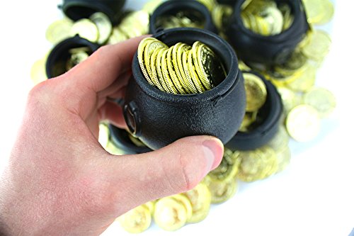 420 Plastic Gold Coins Plus 12 Mini Black Cauldron Pots Bundle By WellPackBox for Halloween St Patrick Parties Candy Bucket, Candy Kettle Pot of Gold