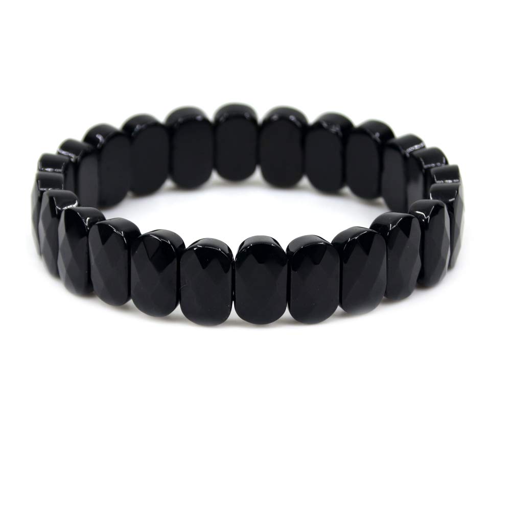 CHENYUE Natural Black Agate Gemstone 14mm Faceted Oval Beads Stretch Bracelet 7.5 Inch Unisex
