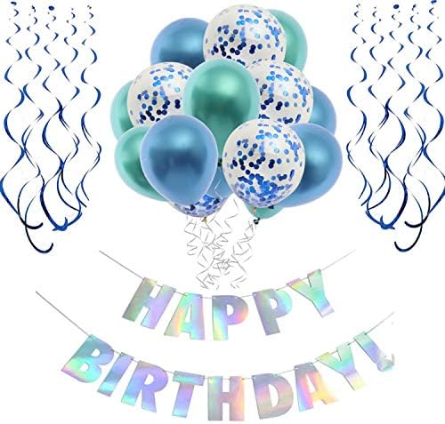 O CAT Birthday Decorations for Boy and Girl Laser Happy Birthday Banner Color Balloon Blue Spirals Birthday Decorations Set