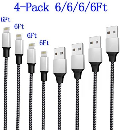 TIYI 4-Pack (6Ft X4) Nylon Braided iPhone Charing Lightning Cable for iPhone 7 7 Plus SE 6s Plus 6 5s 5c 5 iPad Air Mini 4th Gen iPod Nano Touch (4Pcs 6/6/6/6 Ft)