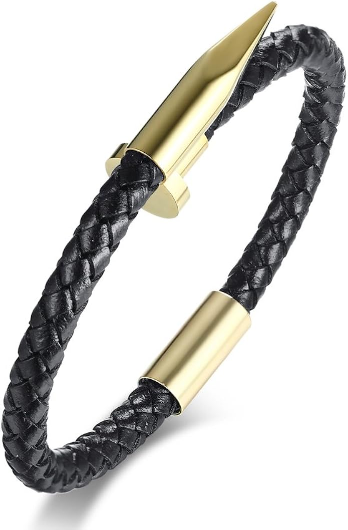 VNOX Edelstahl echtes geflochtenes Leder Armband Nagel Manschette