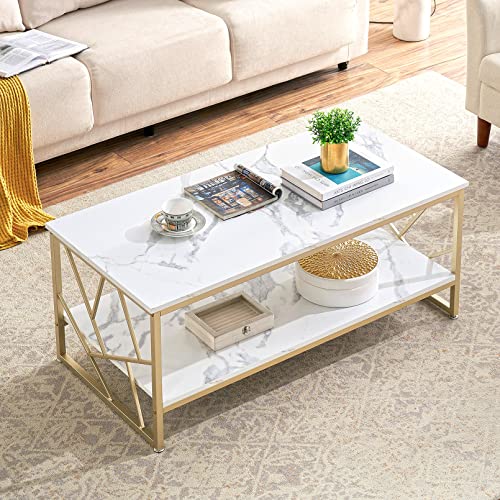 MKJLWO Marble Coffee Table White Gold Coffee Tables for Living Room