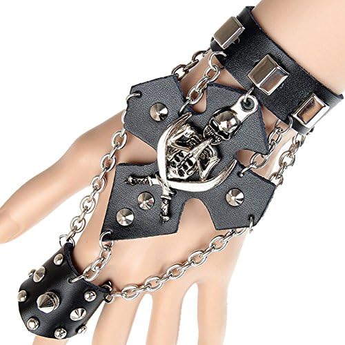 Decou Leather Skull Knives Cross Chain Bangle Cuff with a Finger Rings Black