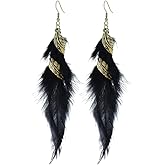 Bohemian Handmade Natural Long Feather Dangle Earrings Vintage Boho Multicolor Tassel Feathers Dangle Drop Earrings for Women