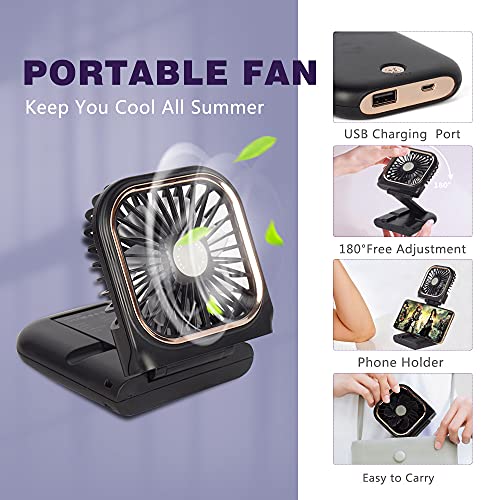Portable Mini Fan - 5 in 1 with Power Bank, Phone Holder, Handheld & Desk Fan - USB Rechargeable, 3000 mAh Power Bank, 3 Speed Adjustable, Neck Lanyard - Black
