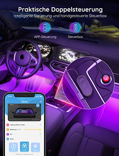 Govee LED Interior Lighting Car, 4 Pieces, 48 Strip, Upgrade Two-Line Design, Waterproof Lighting App Controllable Multicoloured Music with Cigarette Lighter, 12 V | 16M DIY-Farben, 4pcs 48 Strip Zigarettenanzünder mit Speicherfunktion, Wasserdichte, Kurzschlussschutz, SUV & Limousine, 12V