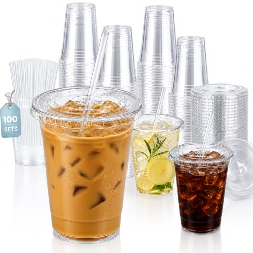 GOSCHE 16 oz Plastic Cups with Lids and Straws