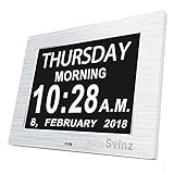 SVINZ NEW Dual Alarm Clock Day Clock Digital Calendar - Extra Large Non-Abbreviated Day & Month - Excellent for Impaired Vision - Brushed Silver - SDC006
