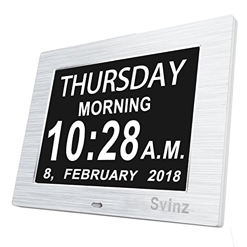 SVINZ New Dual Alarm Clock Day Clock Digital Calendar - Extra Large Non-Abbreviated Day & Month - Excellent for Impaired Vision - Brushed Silver - SDC006