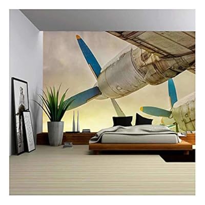Old Wing Aircraft with Propellers at Sunset - Removable Wall Mural | Self-Adhesive Large Wallpaper - 66x96 inches