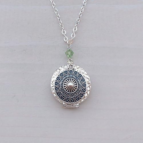 Ethnic Tribal pendant Diffuser Cover Silver-tone Charm with Green Bead Aromatherapy Necklace Essential Oil Diffuser Locket Pendant Jewelry w/reusable felt pads!