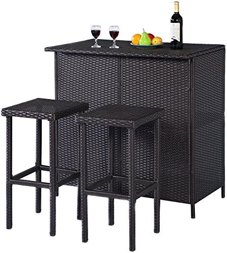 LXQ GOPLUS 3PCS Rattan Wicker Bar Set Patio Outdoor Table &amp; 2 Stools Furniture Brown