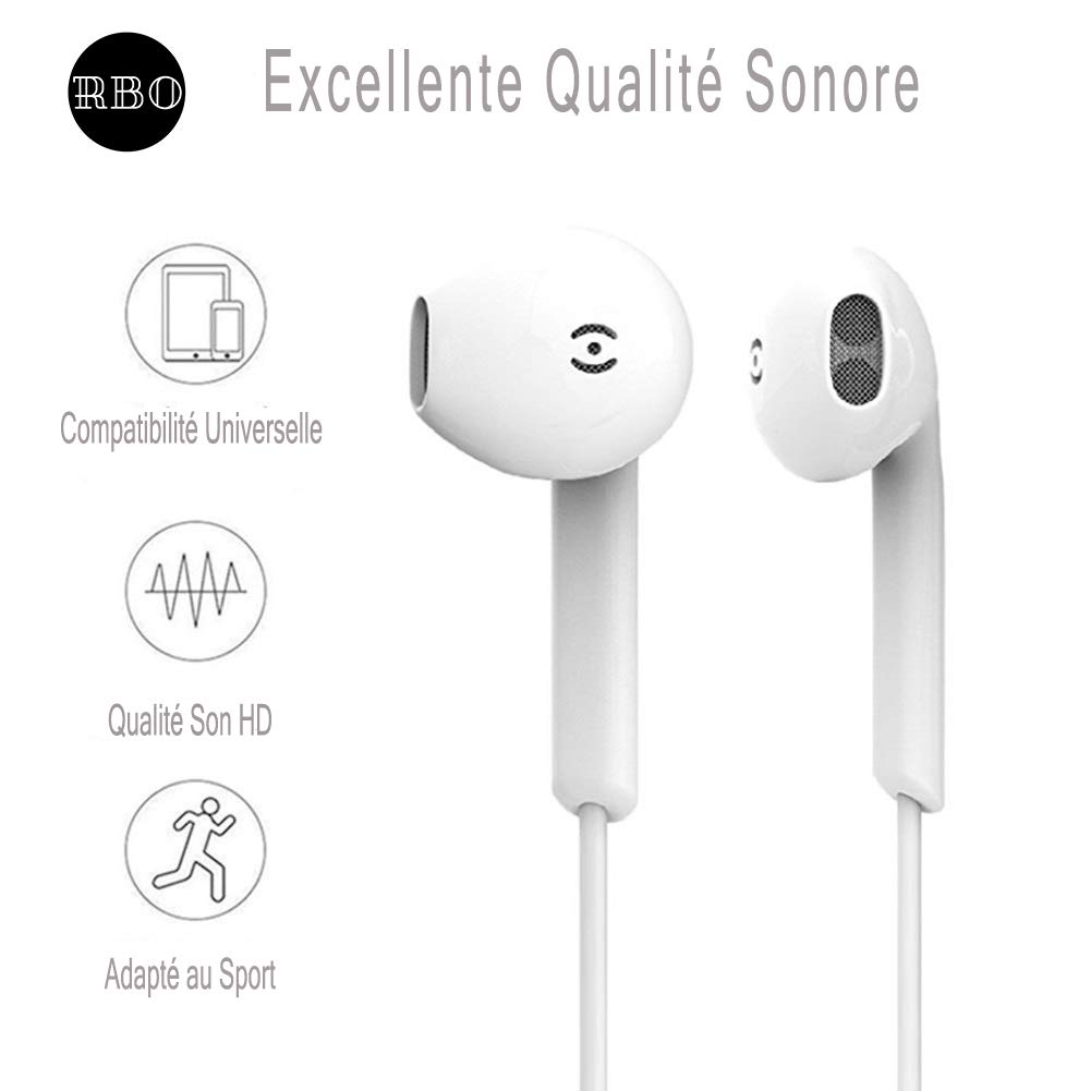 Ecouteurs Intra-Auriculaires Filaires par RBO - Kit Piéton Muni d\'un Micro et Contrôle de Volume - Kit Main Libre avec Une présence de Bass Compatible avec Les Smartphones avec Jack 3.5mm (2 Pack)