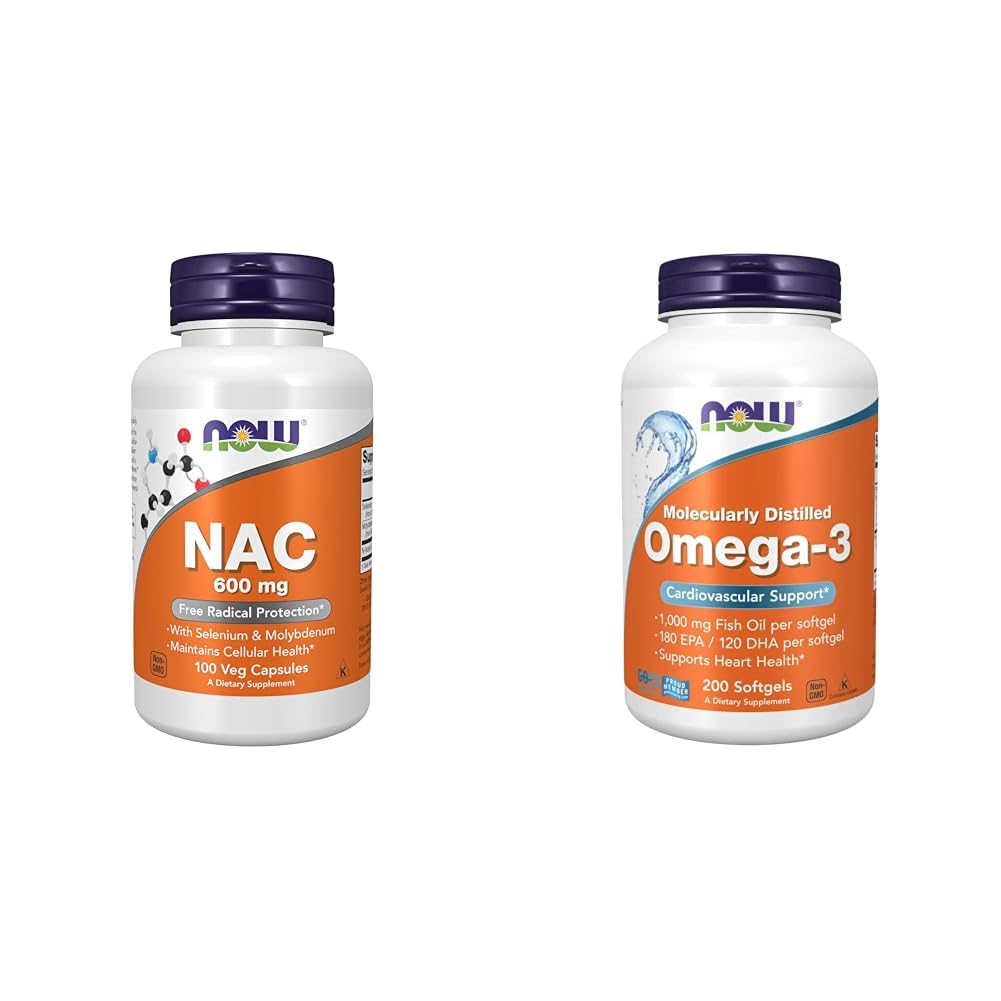 Now Supplements, NAC (N-Acetyl Cysteine) 600 mg & Now Supplements, Omega-3 180 EPA / 120 DHA, Molecularly Distilled, Cardiovascular Support*, 200 Softgels