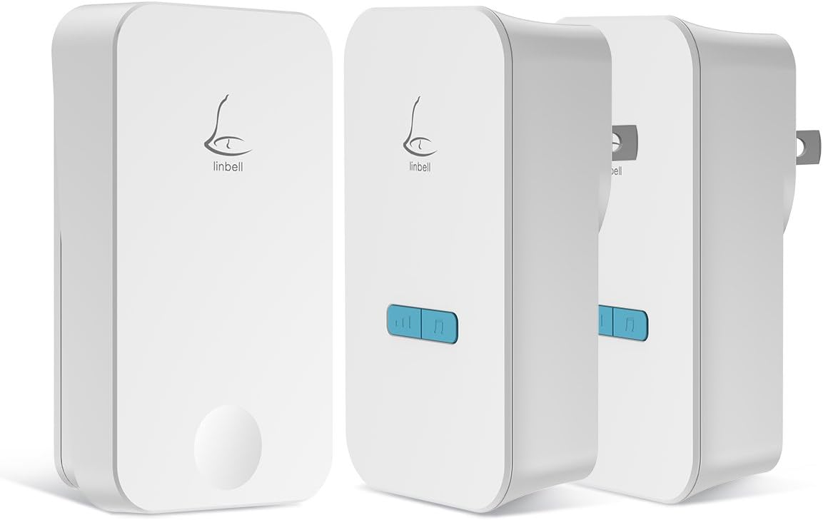 Linbell Self Powered Wireless Doorbell Kit with 1 Remote Button and 2 Plug in Receivers, 36 Chimes, 5 Volume Levels, LED Indicator, No Batteries Required for Remote Button and Receiver