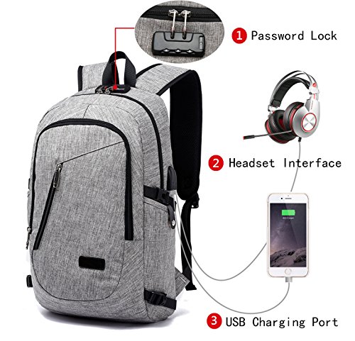 FLYMEI Laptop Backpack with USB Charging Port and Lock & Headphone Compartment, Fits 12-16 inch laptop and Notebook, Waterproof School Rucksack Business Knapsack Travel Daypack College Bookbag , Grey