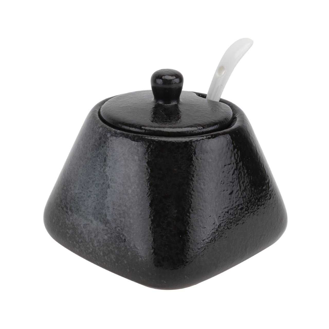 DOITOOL Sugar Bowl with Lid and Spoon, Ceramic Sugar Jar Porcelain Condiment Pot Ceramic Seasoning Bowl for Home Kitchen, Black