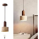 Aeyee Stone Pendant Lamp, Modern Walnut Wood Decoration Hanging Light, Small Yellow Travertine Pendant Lamp for Farmhouse Kit