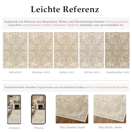 PureCozy Vintage Alfombra Salon 200x300cm Beige Habitacion Alfombras Lavable Antideslizante Grande Tapete Dormitorio Pie de Cama Sala Comedor Carpet Pelo Corto Rug