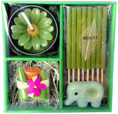Thai Gift Set of Aroma Spa Green Relax Incense Candle Elephant Container in Thai Aroma Silk Box