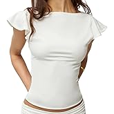 Women Backless Going Out Tops Ruffle Cap Sleeve Boat Neck Open Back Top Summer Casual Basic Tee Shirts