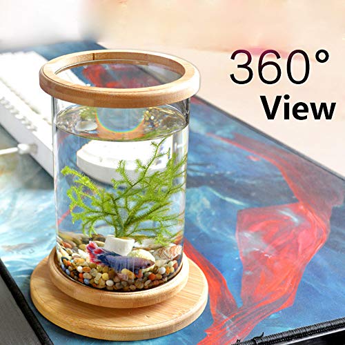 Norgail Creative Rotary Aquarium Betta Mini Fish Tank with LED Lighting Desktop Bowl Round Aquarium Decoration for Home Living Room Bedroom Office Spinning Bamboo Rack - Thumbnail 3