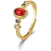 Vintage Court Red Simulated Agate Onyx Oval Ring for Women 14K Gold Plated Ruby Sapphire Cubic Zirconia Art Deco Ring Cocktail Wedding Anniversary Stackable Statement Thin Small Open Ring
