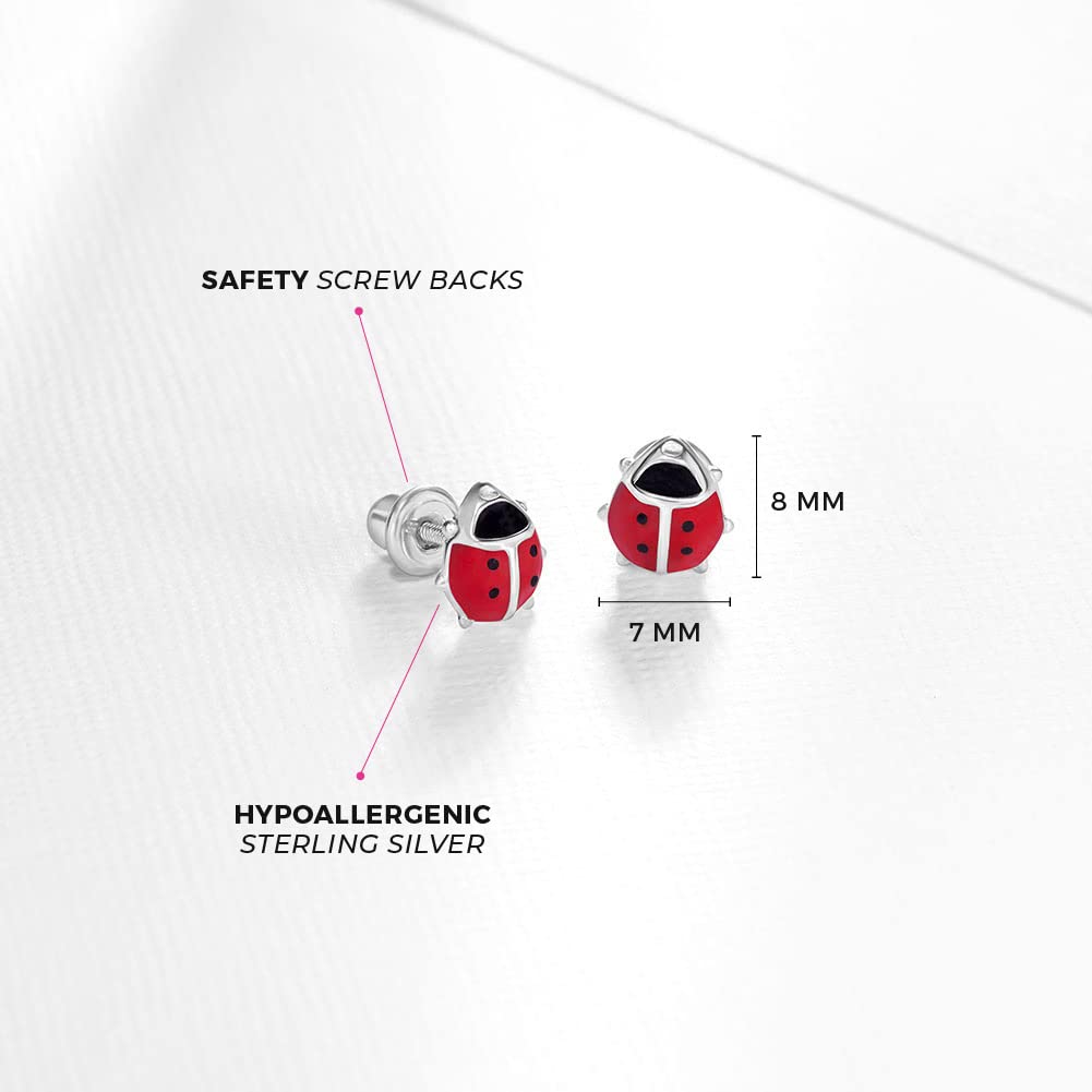 925 Sterling Silver Kids Ladybug Stud Earrings with Safety Screw Back for Little Girls - Cute and Hypoallergenic Twist Locking Screw Back Earrings for Babies, Toddlers, and Young Girls