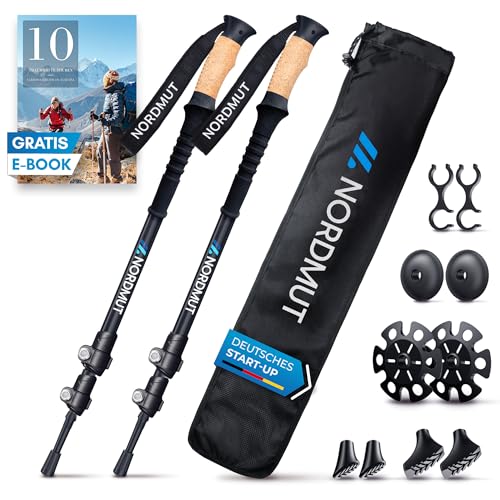 NORDMUT® Wanderstöcke Teleskop aus stabilen Aluminium oder Carbon - Leichte Nordic Walking Stöcke Damen und Herren - Komfortable Korkgriffe mit Eva-Sc