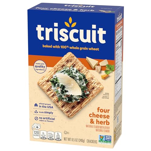 TRISCUIT FOUR CHEESE & HERB WHOLE GRAIN WHEAT CRACKERS, LUNCH SNACKS, SNACK CRACKERS, 8.5 OZ