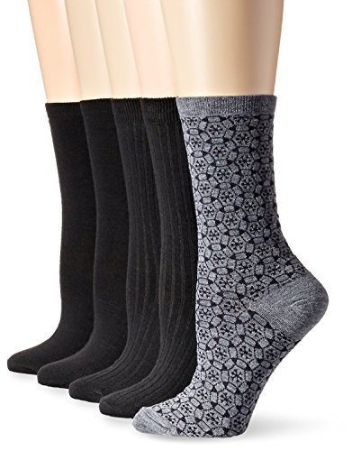 Anne Klein Women's Too Pretty Patterned Crew Socks 5-Pack, Black, 9-11